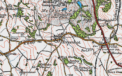 Old map of Evershot in 1919