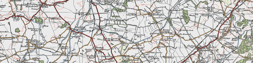 Old map of Eyton upon the Weald Moors in 1921