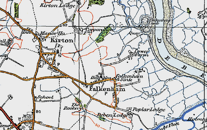 Old map of Falkenham Sink in 1921