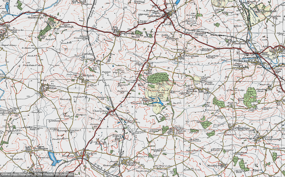 Old Map of Historic Map covering Badby Down in 1919