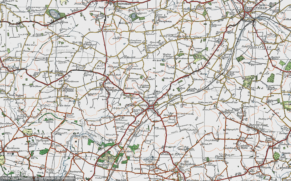 Old Map of Historic Map covering Attleborough Hills in 1921