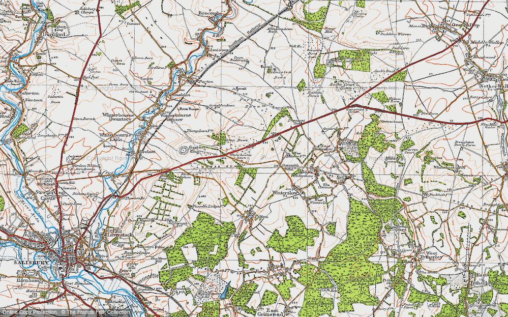 Old Map of Historic Map covering Winterbourne Down in 1919
