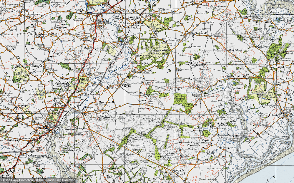 Old Map of Historic Map covering Woodbridge Airfield in 1921