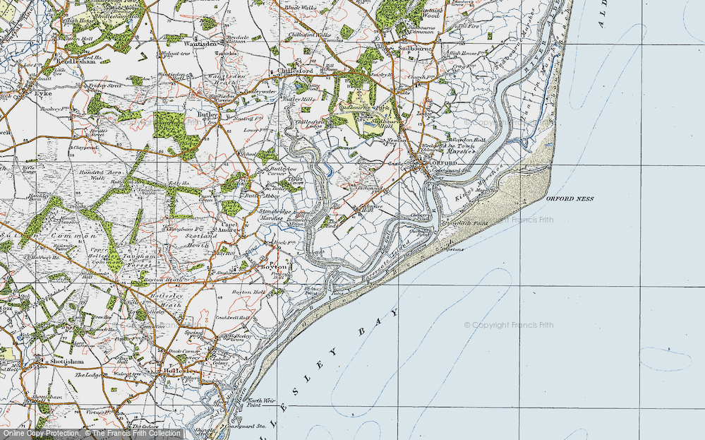 Old Map of Historic Map covering Boyton Marshes in 1921