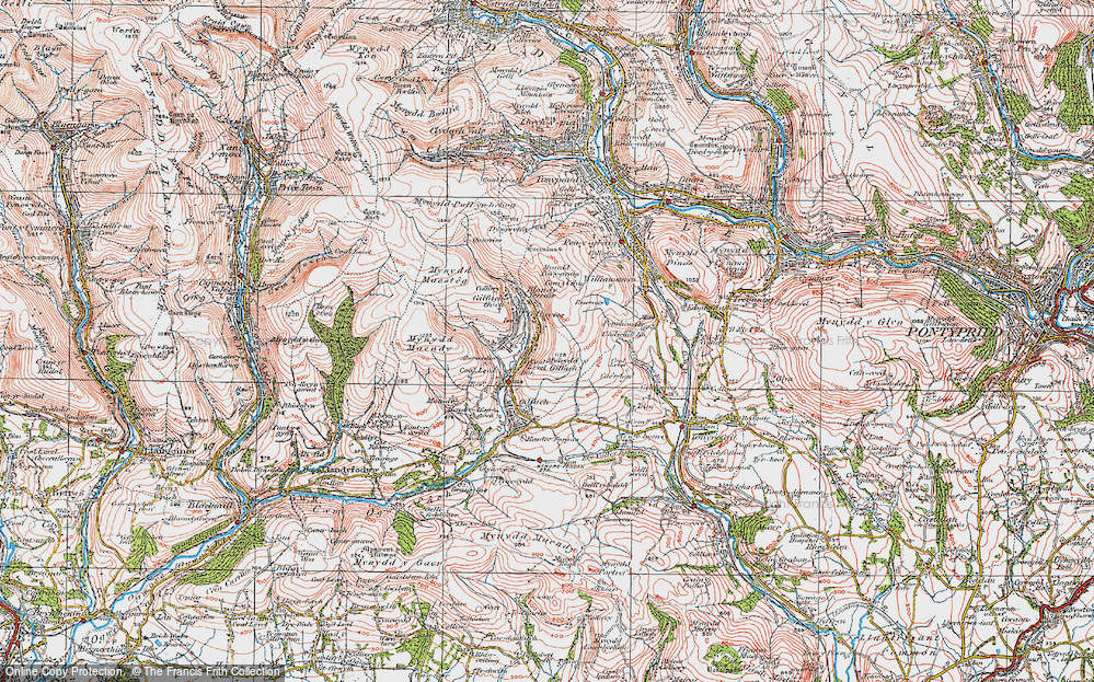 Old Map of Historic Map covering Mynydd Pen-y-graig in 1922