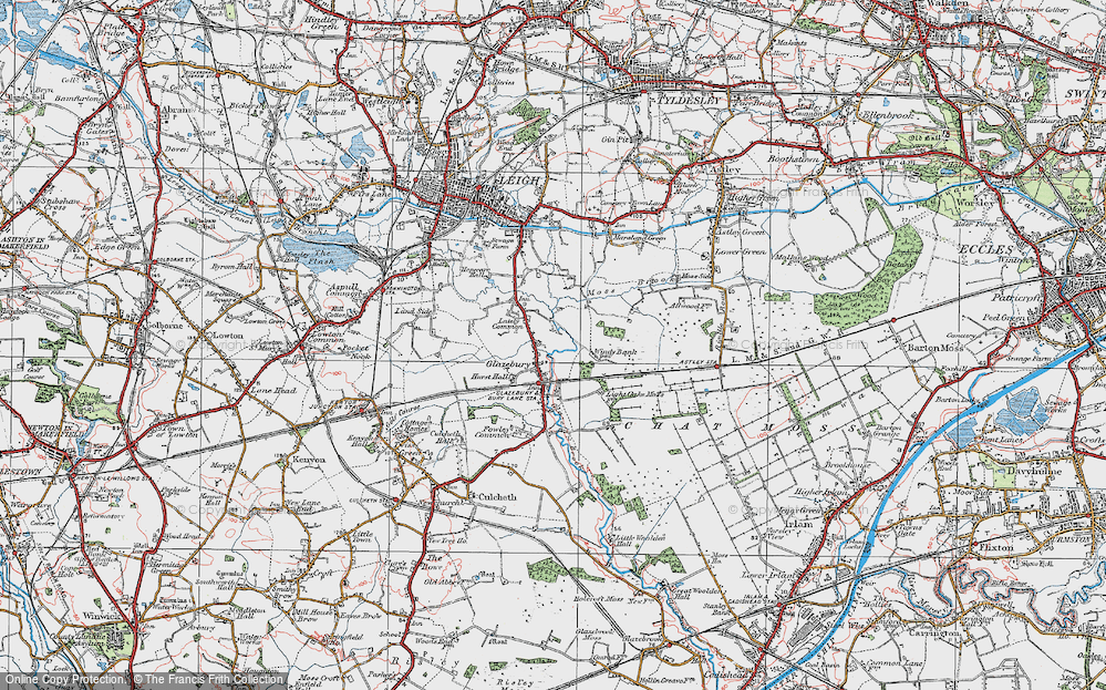 Old Map of Historic Map covering Bedford Moss in 1924