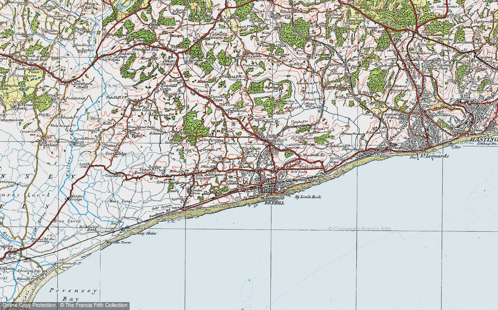 Old Map of Historic Map covering Bexhill Down in 1921
