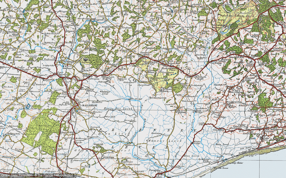 Old Map of Historic Map covering Herstmonceux Castle in 1920