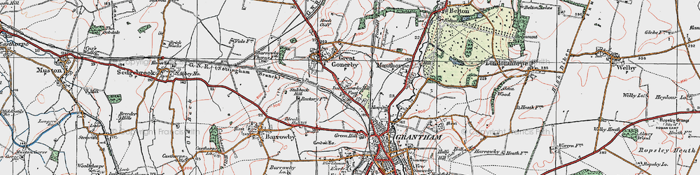 Old map of Gonerby Hill Foot in 1921