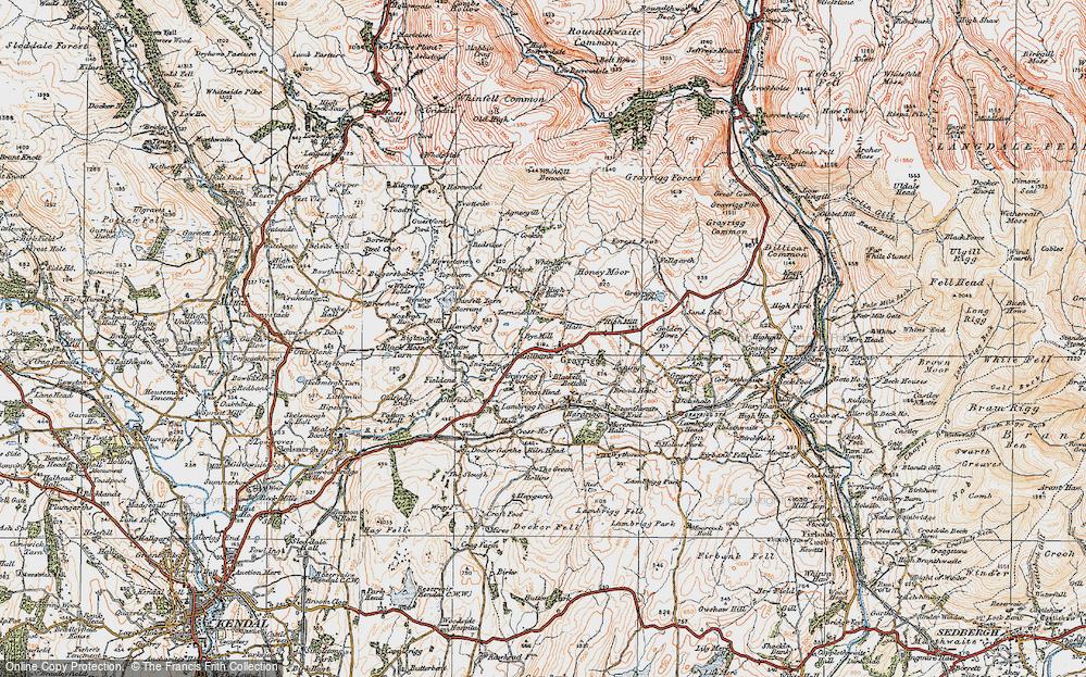 Old Map of Historic Map covering Whinhowe Gill in 1925