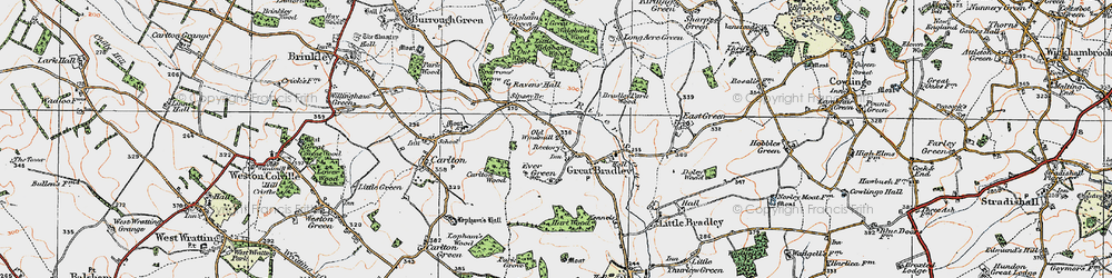 Old map of Great Bradley in 1920