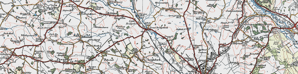 Old map of Great Bridgeford in 1921