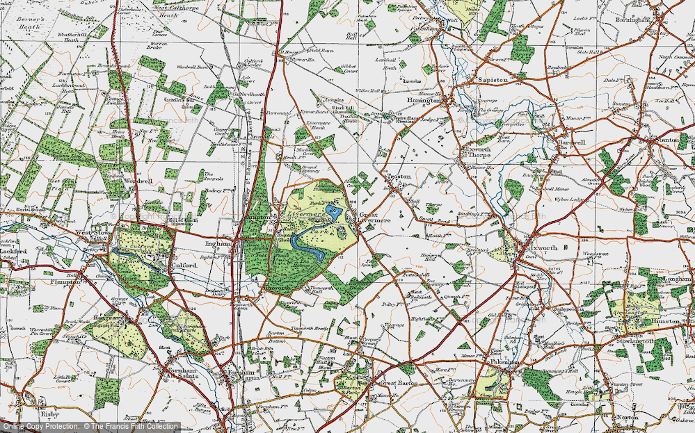 Old Map of Historic Map covering Ampton Water in 1920