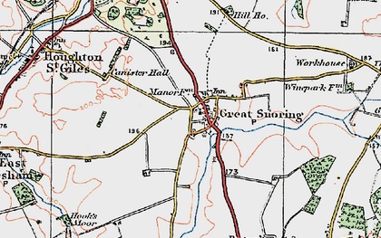 Old map of Great Snoring in 1921