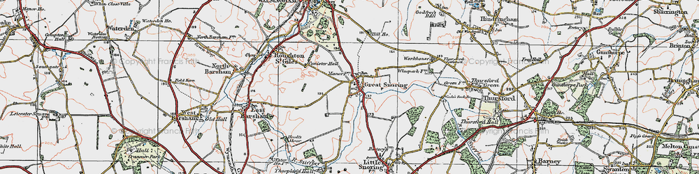 Old map of Great Snoring in 1921