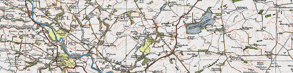 Old map of Great Swinburne in 1925
