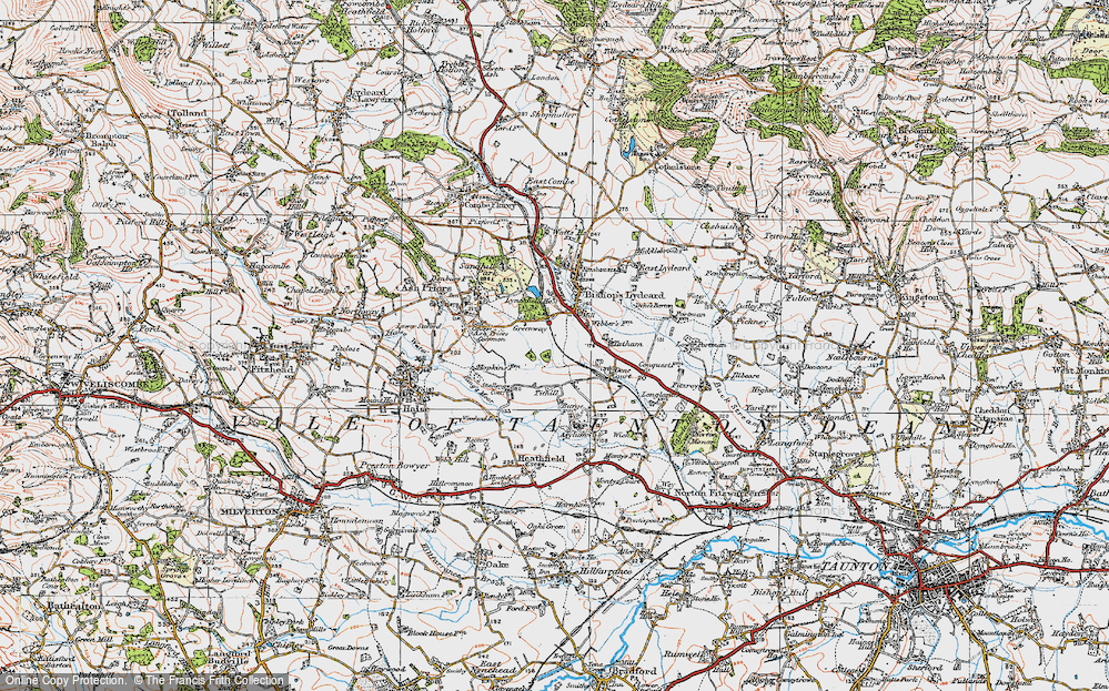 Old Map of Historic Map covering Ash Priors Common in 1919