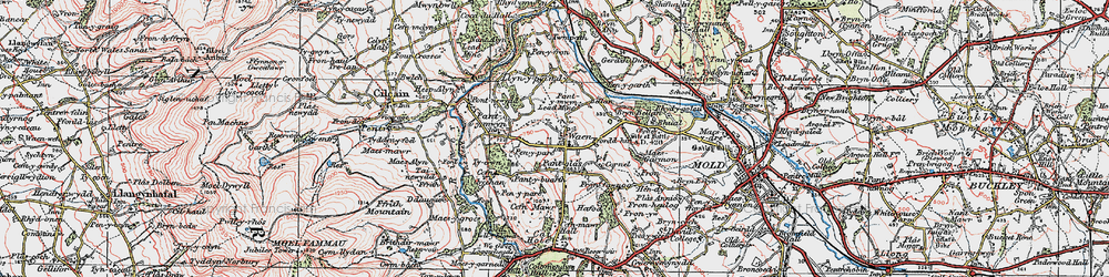 Old map of Gwernaffield in 1924
