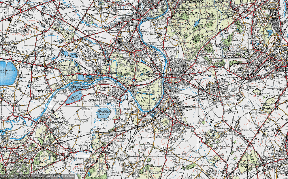 Old Map of Historic Map covering Molesey Lock in 1920