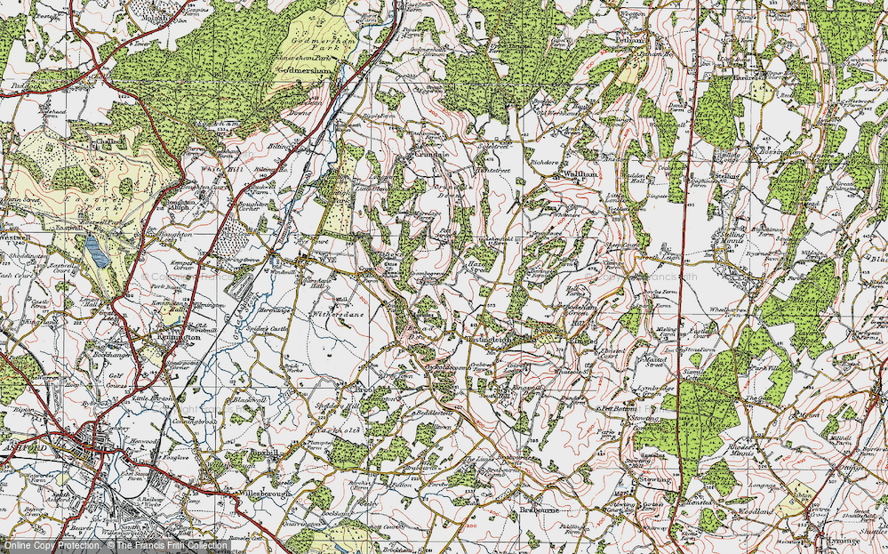 Old Map of Historic Map covering Wye Downs in 1921