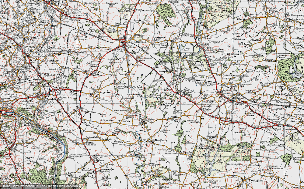 Old Map of Historic Map covering Brimstree Hill in 1921