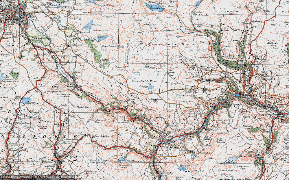 Old Map of Historic Map covering Bride Stones Moor in 1925