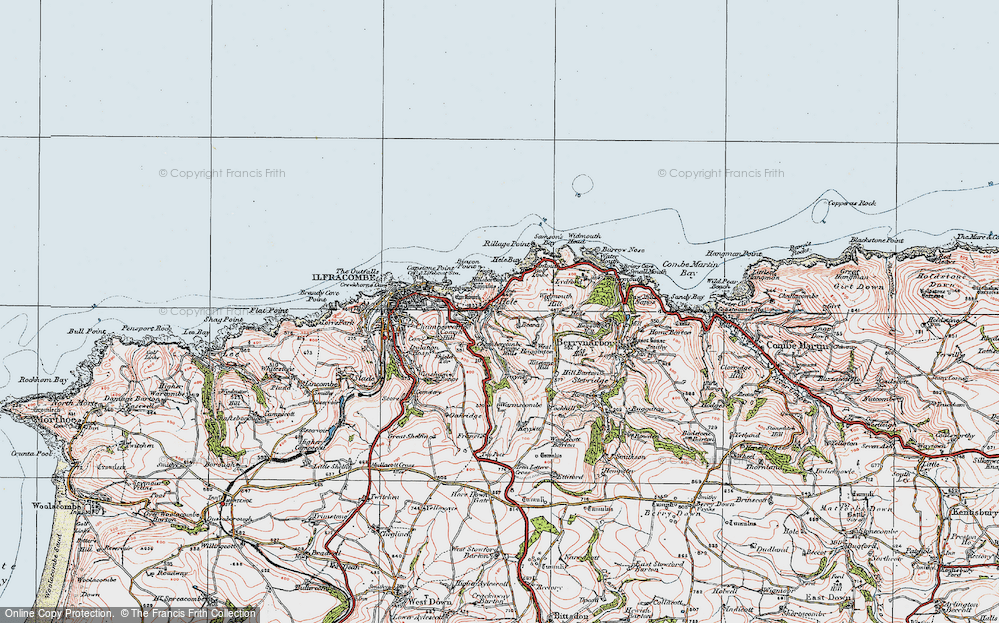 Old Map of Historic Map covering Widmouth Hill in 1919