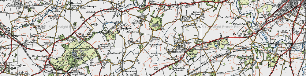 Old map of Great Melton in 1922