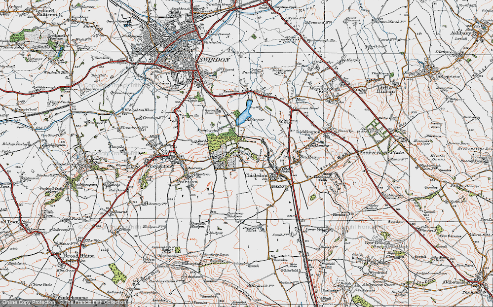 Old Map of Historic Map covering Burderop Wood in 1919