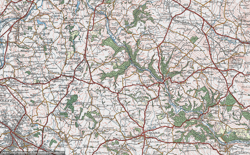 Old Map of Historic Map covering Far Kingsley Banks in 1921