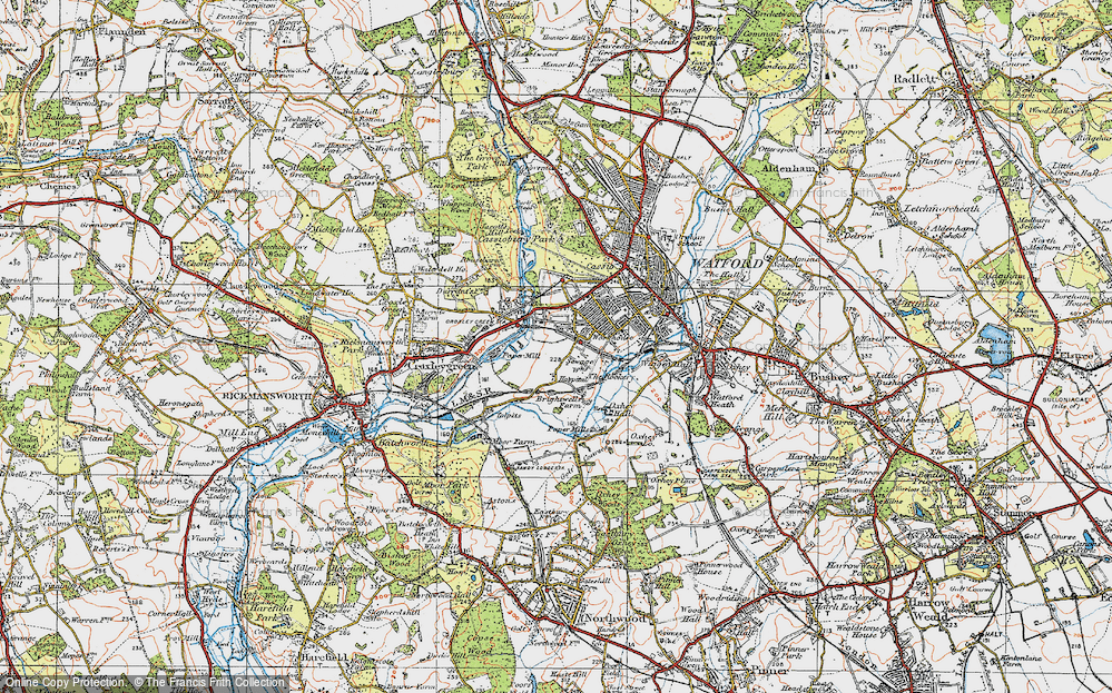 Old Map of Historic Map covering Cassiobury Park in 1920