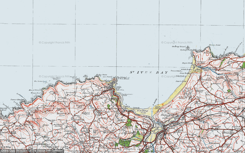 Old Map of Historic Map covering St Ives Bay in 1919