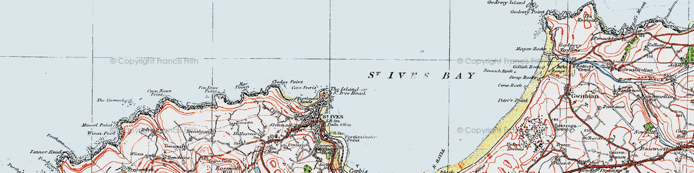 Old map of St Ives Bay in 1919