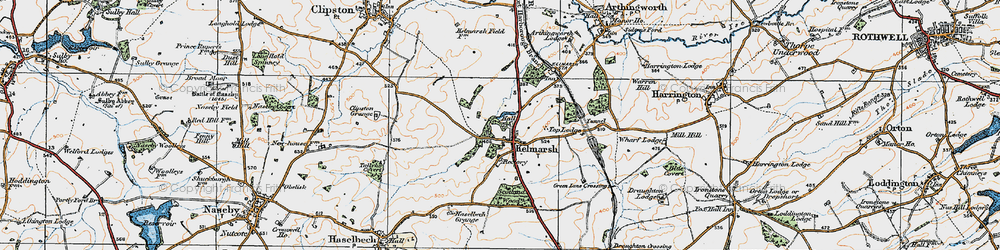Old map of Kelmarsh in 1920
