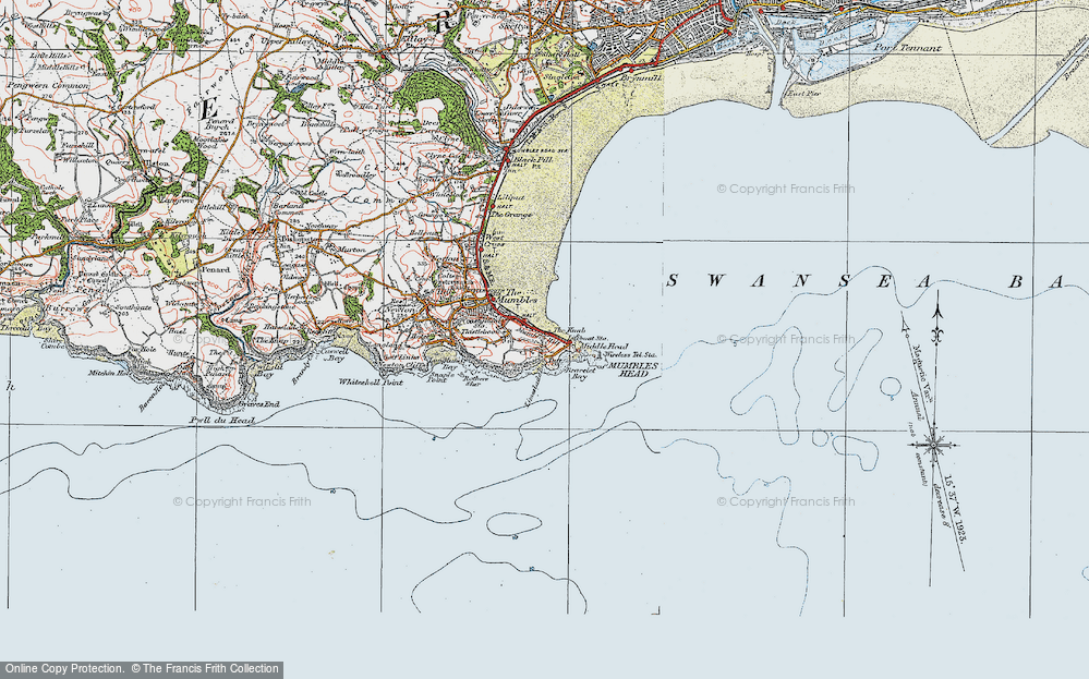 Old Map of Historic Map covering Bracelet Bay in 1923
