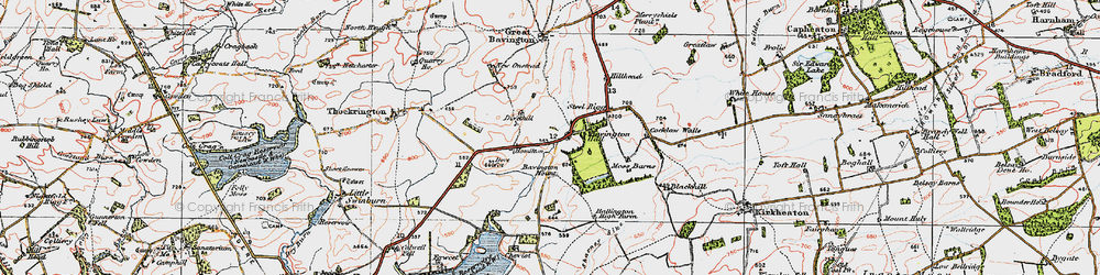 Old map of Little Bavington in 1925