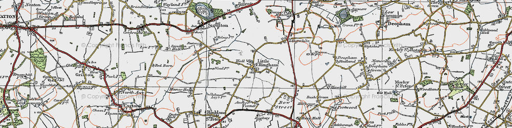 Old map of Little Ellingham in 1921