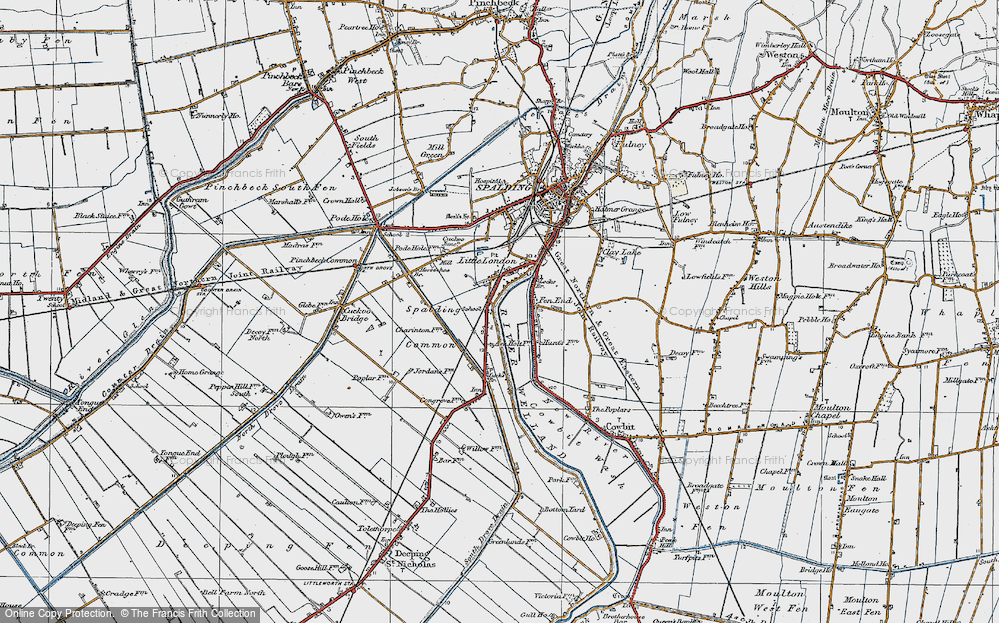 Old Map of Historic Map covering Spalding Common in 1922