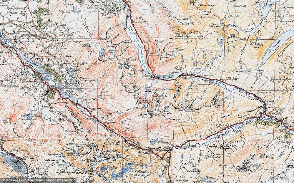 Old Map of Historic Map covering Pont Pen-y-benglog in 1922