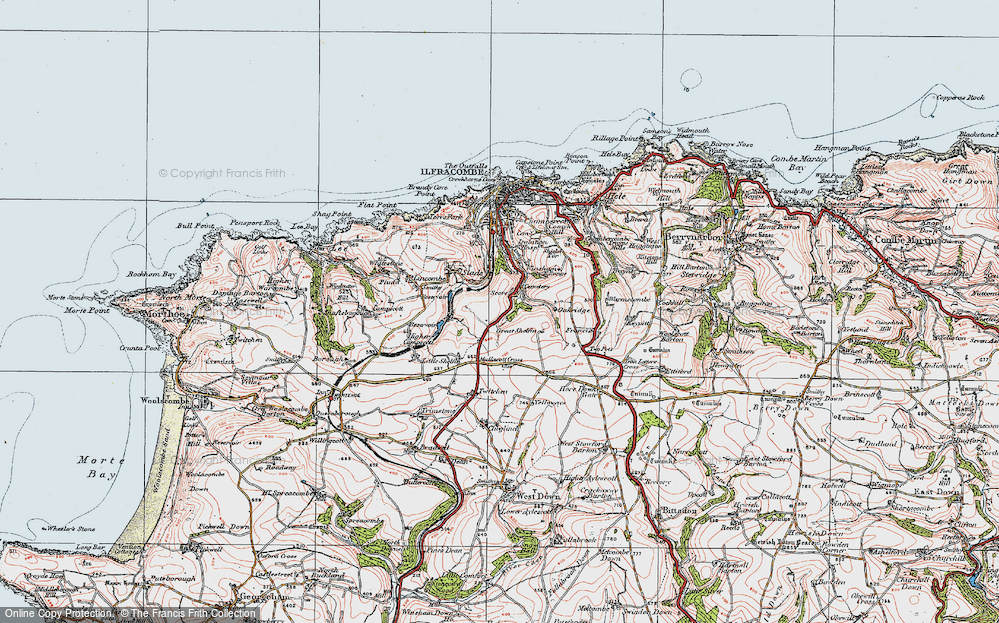 Old Map of Historic Map covering Mullacott Cross in 1919