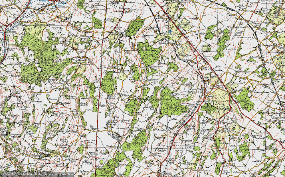 Old Map of Historic Map covering Bursted Wood in 1920