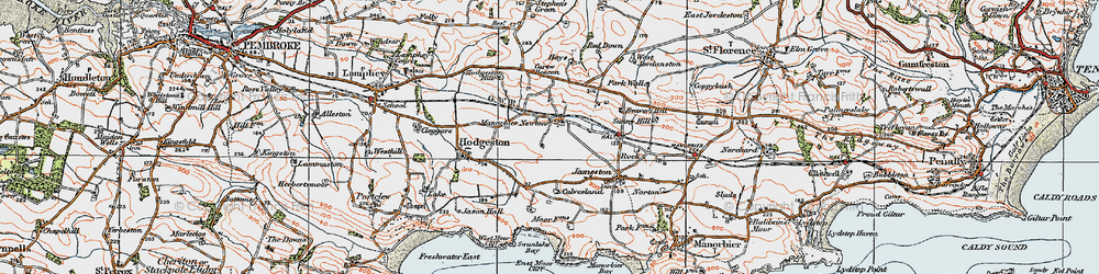 Old map of Manorbier Newton in 1922