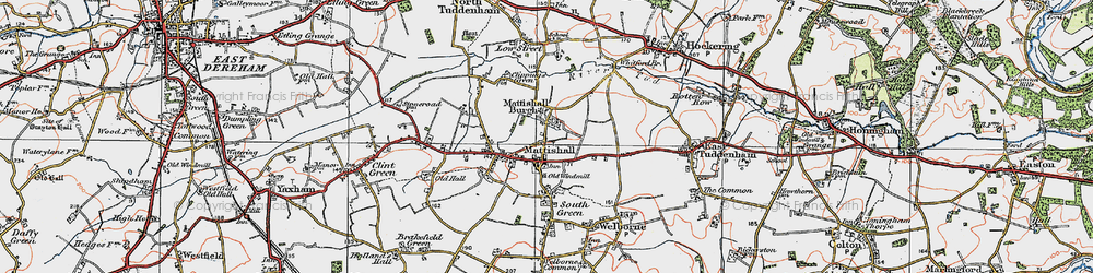 Old map of Mattishall Burgh in 1921