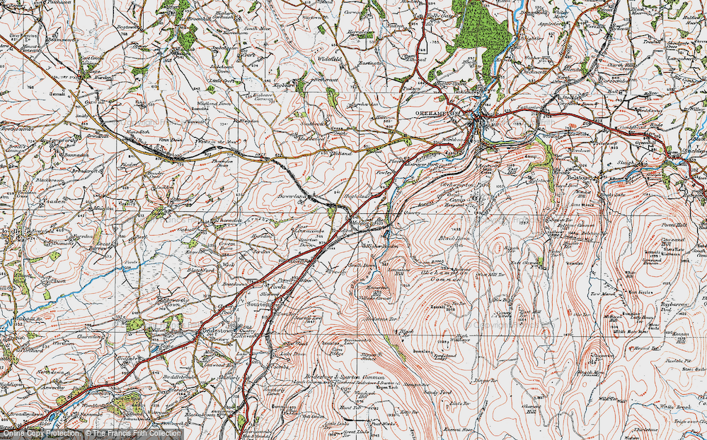 Old Map of Historic Map covering West Okement River in 1919