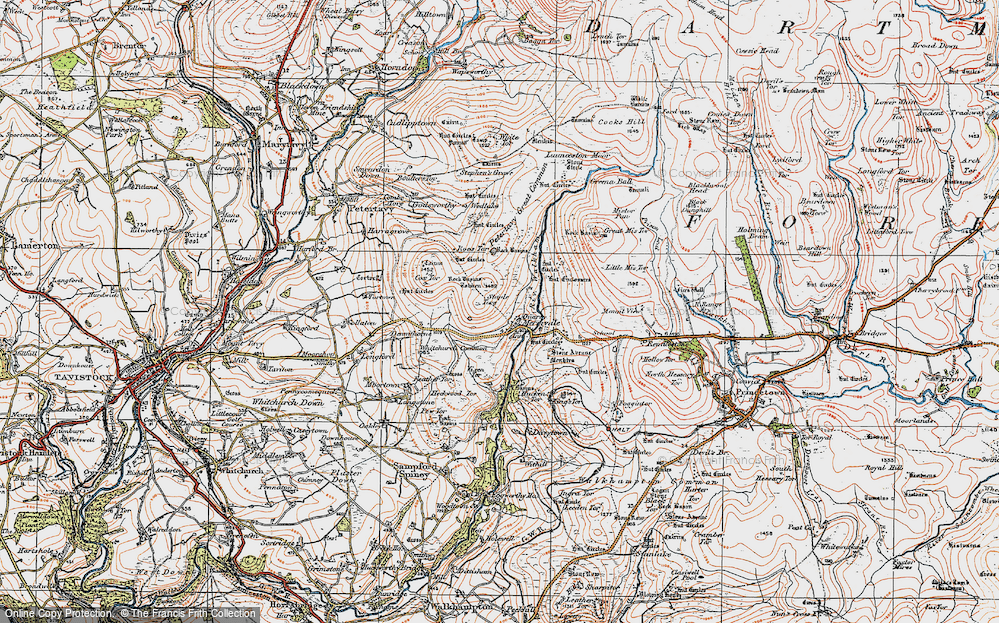 Old Map of Historic Map covering Cox Tor in 1919