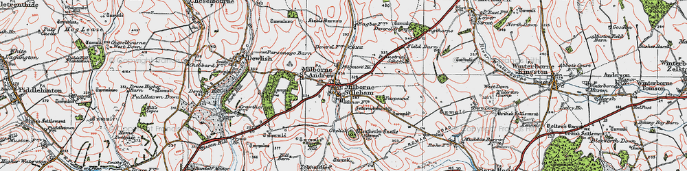 Old map of Milborne St Andrew in 1919