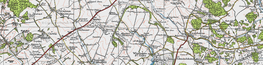 Old map of Monkton Up Wimborne in 1919