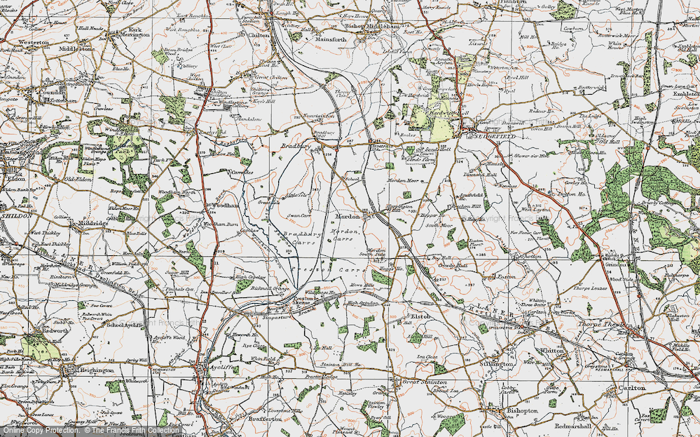 Old Map of Historic Map covering Bradbury Carrs in 1925