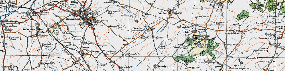 Old map of Newton Bromswold in 1919