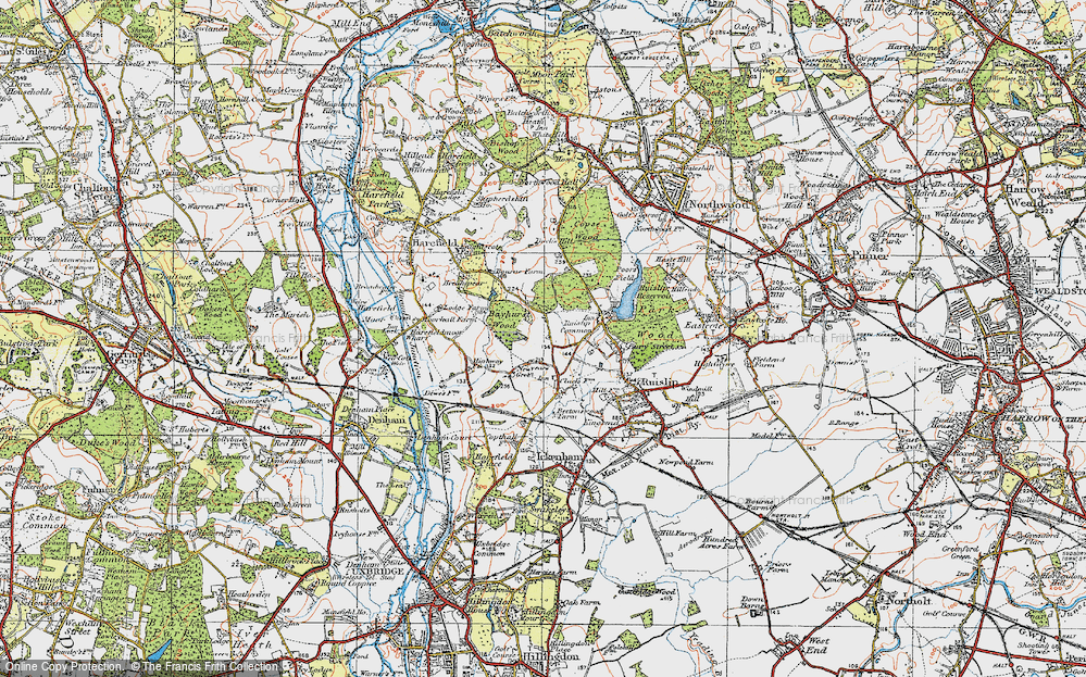 Old Map of Historic Map covering Bayhurst Wood Country Park in 1920